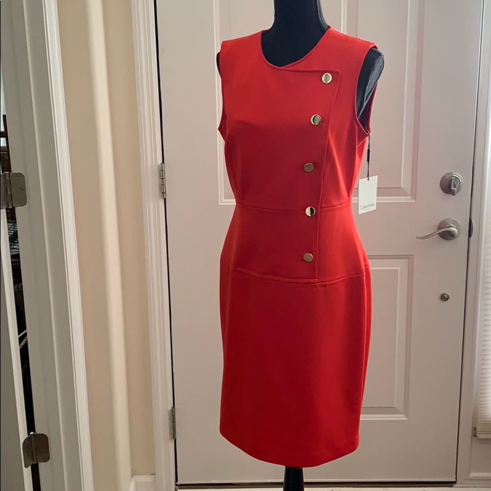 Calvin Klein Red Sleeveless Dress with Gold Button Accents